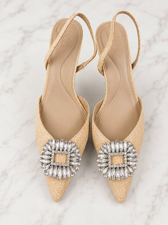 INC International Concepts Shoes - Elegant beige woven sling-back high heels with crystal buckles